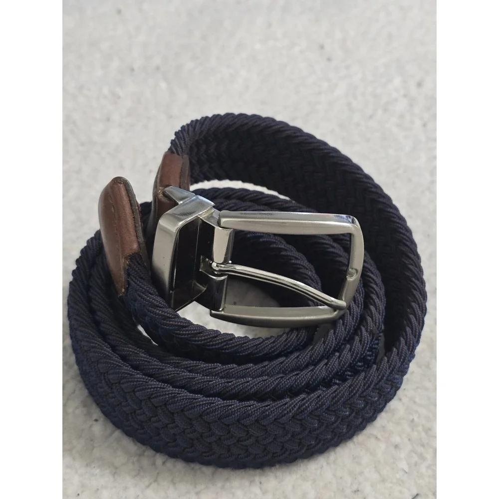 Nautica Mens Braided Stretch Belt‎ Navy Blue Brown Leather Trim L/XL 11TM030007